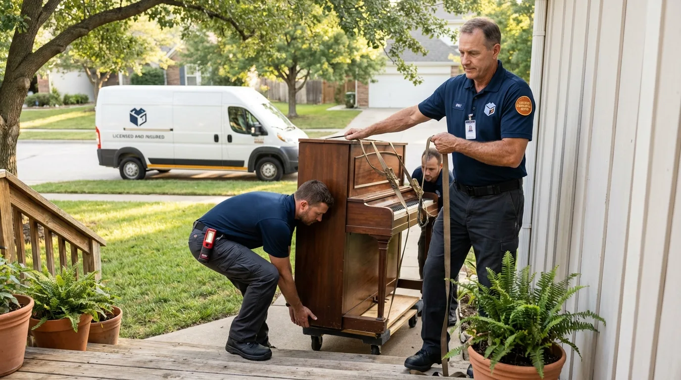 Licensed piano movers securing grand piano in Middleton, MA