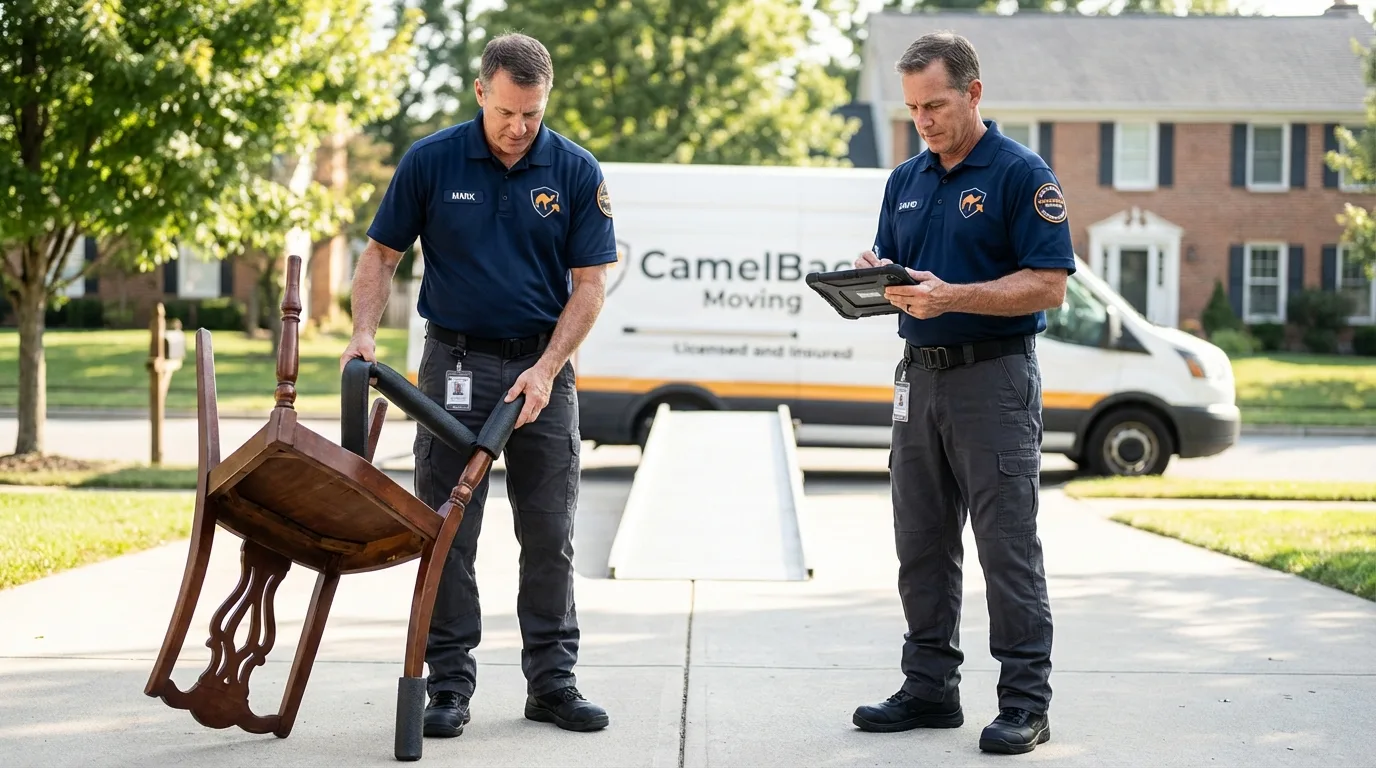 Movers inspecting furniture for damage prevention before loading in Middleton, MA