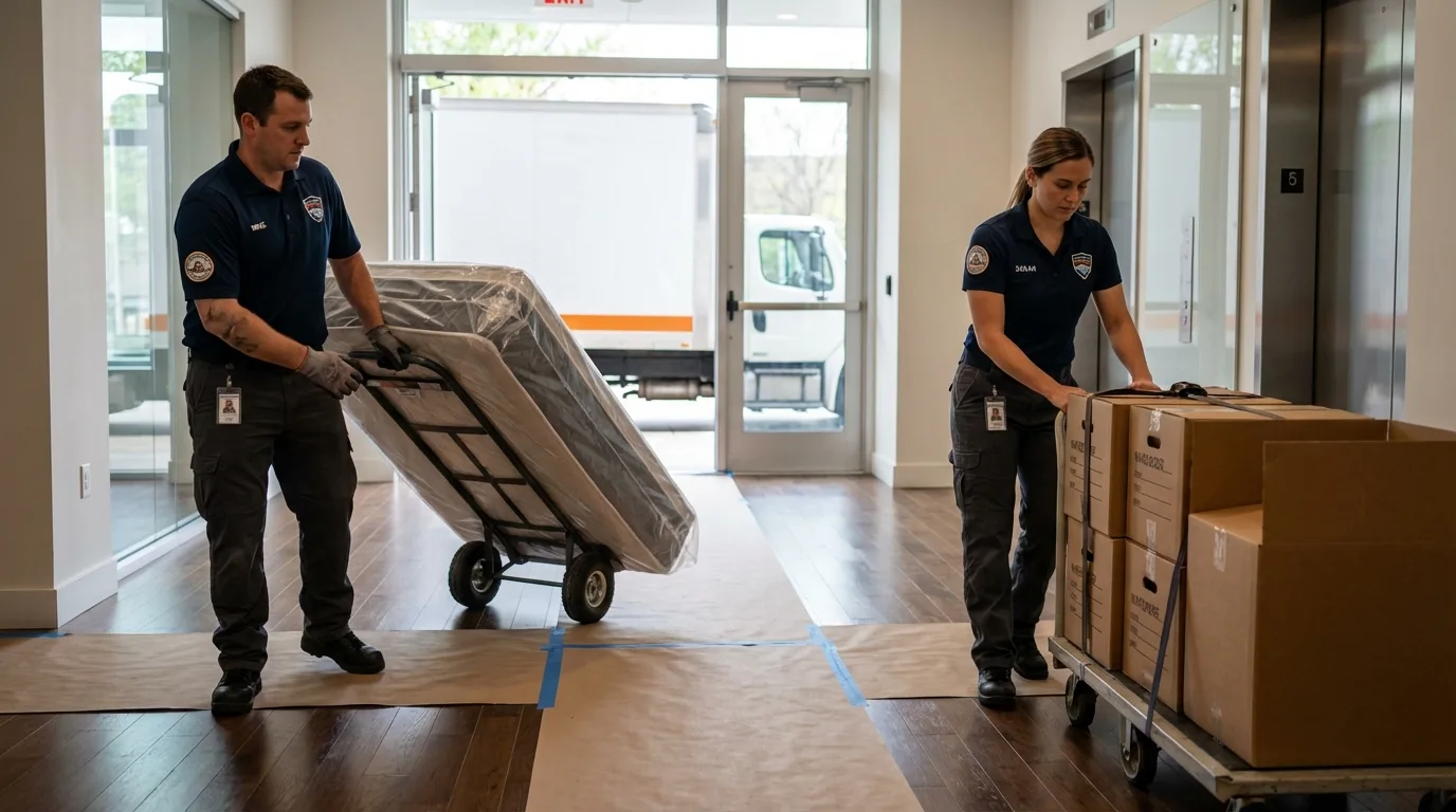 Professional apartment movers loading elevator in Middleton, MA