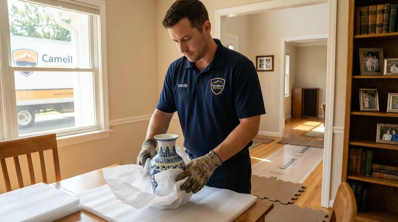 Professional crew carefully wrapping antique vase for senior downsizing move in Middleton, MA
