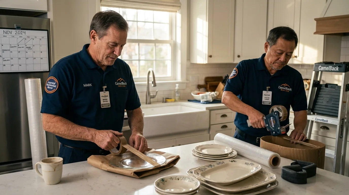 Professional crew packing kitchen dishware in Middleton, MA